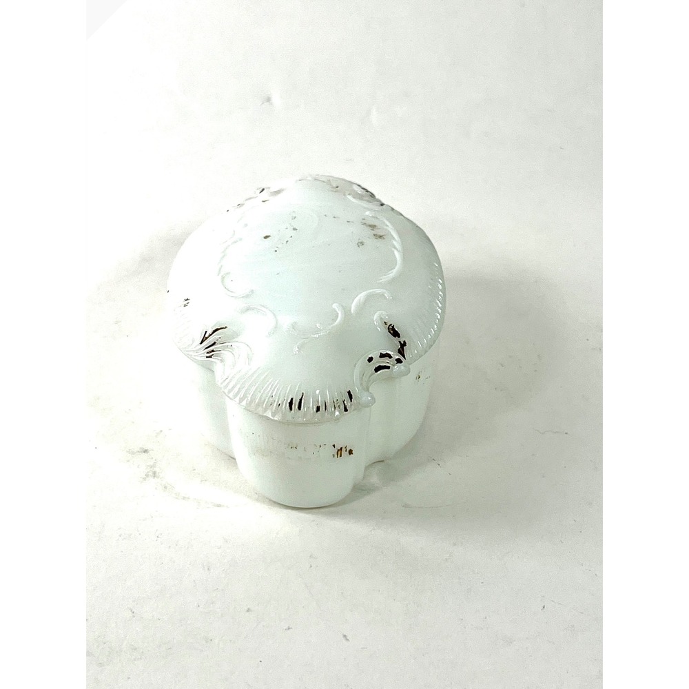 Vintage Opaline Milk Glass Trinket Box White Gold Gilt Scroll Oval Jewelry Box